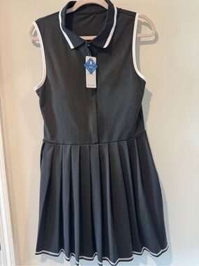 Black Sleeveless Polo Pleated Dress with White Trim